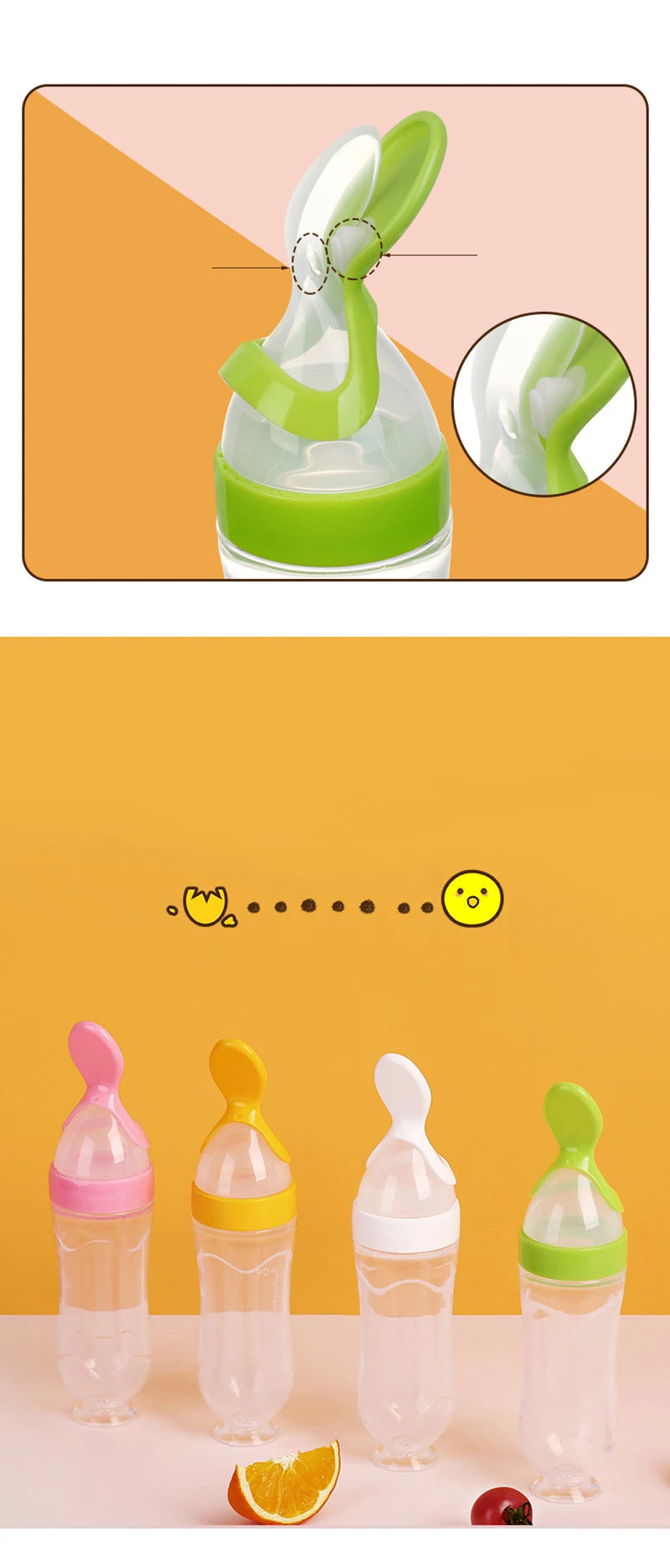 Biberon cu Linguriță pentru Bebeluși - Sticlă din Silicon pentru Alimente Complementare