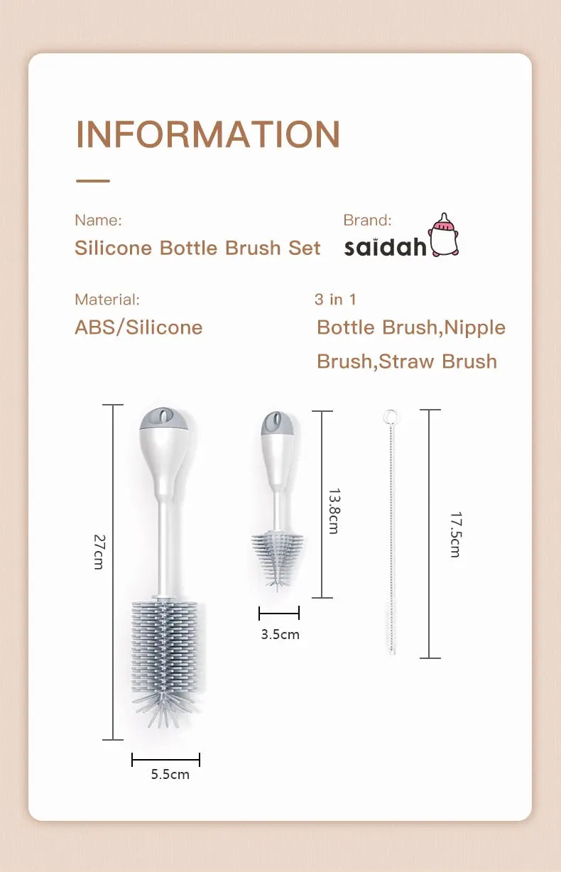 Set 3 în 1 Perie pentru Biberoane din Silicon + Perie pentru Suzetă Bebelusi și Sticlă pentru Curățare