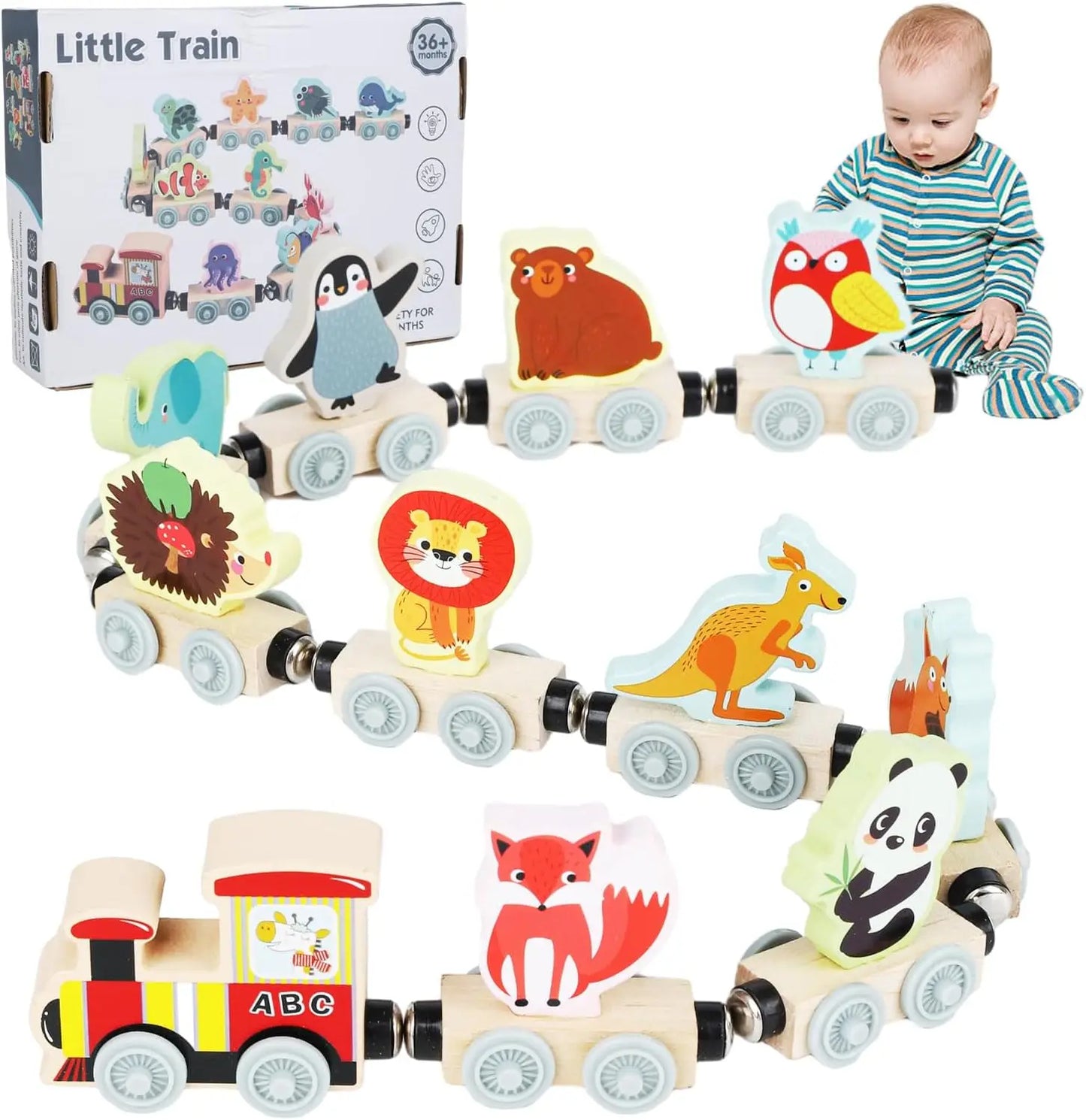Tren magnetic Montessori din lemn pentru copii