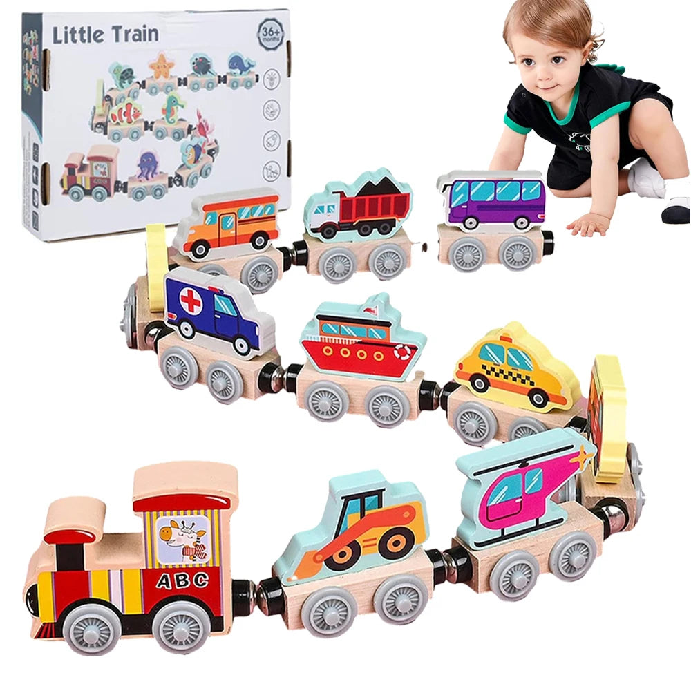 Tren magnetic Montessori din lemn pentru copii