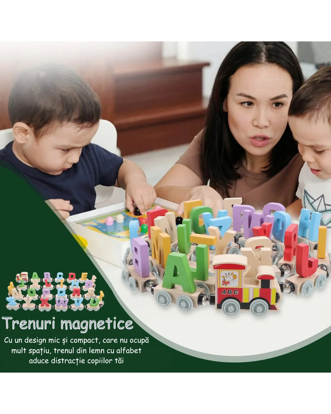 Tren Montessori din lemn cu alfabet și numere