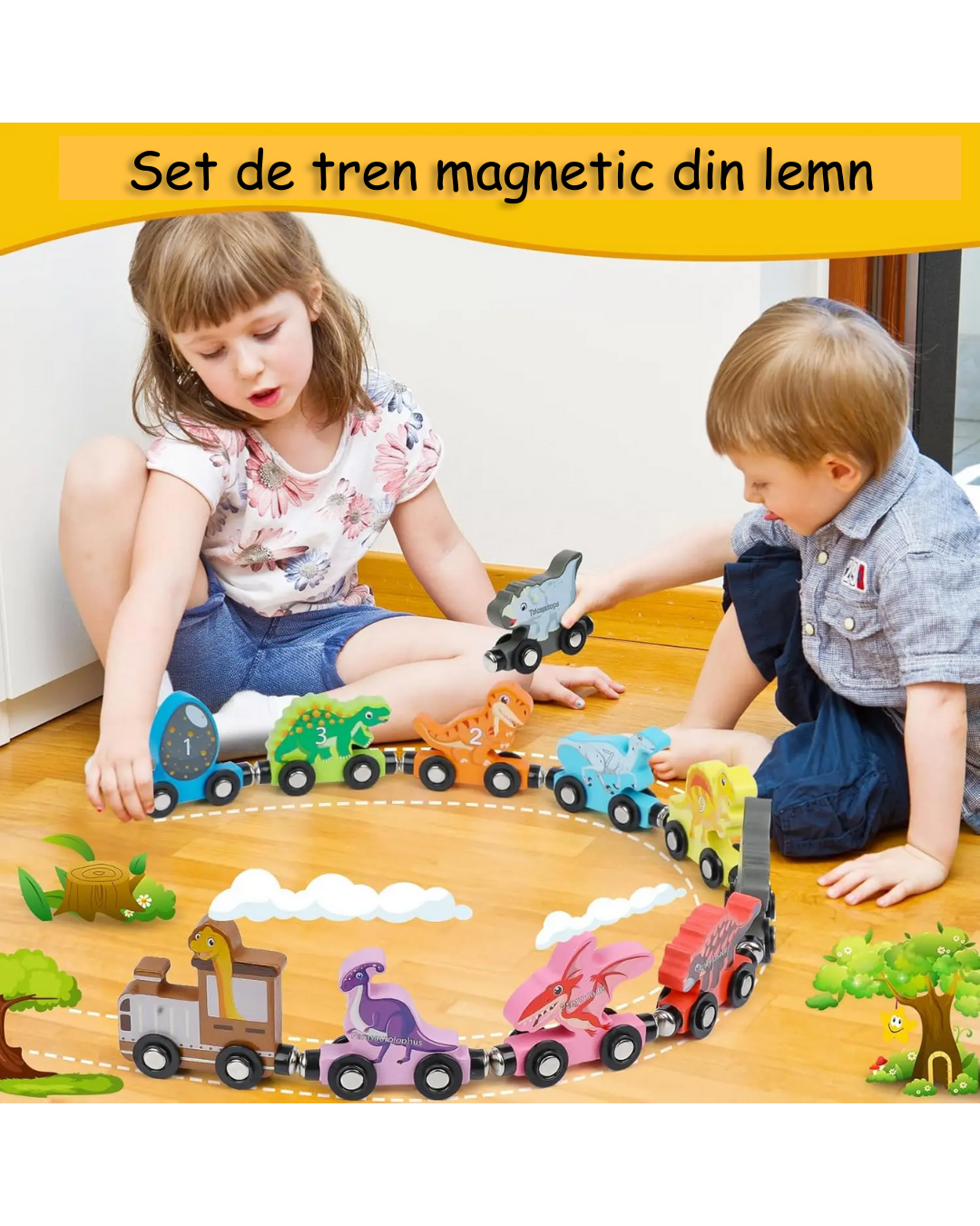 Tren magnetic Montessori din lemn pentru copii